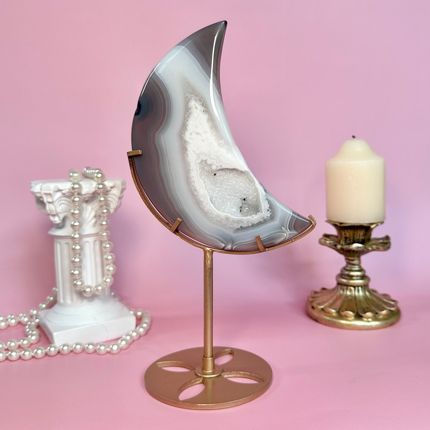 Druzy Agate Moon on Stand