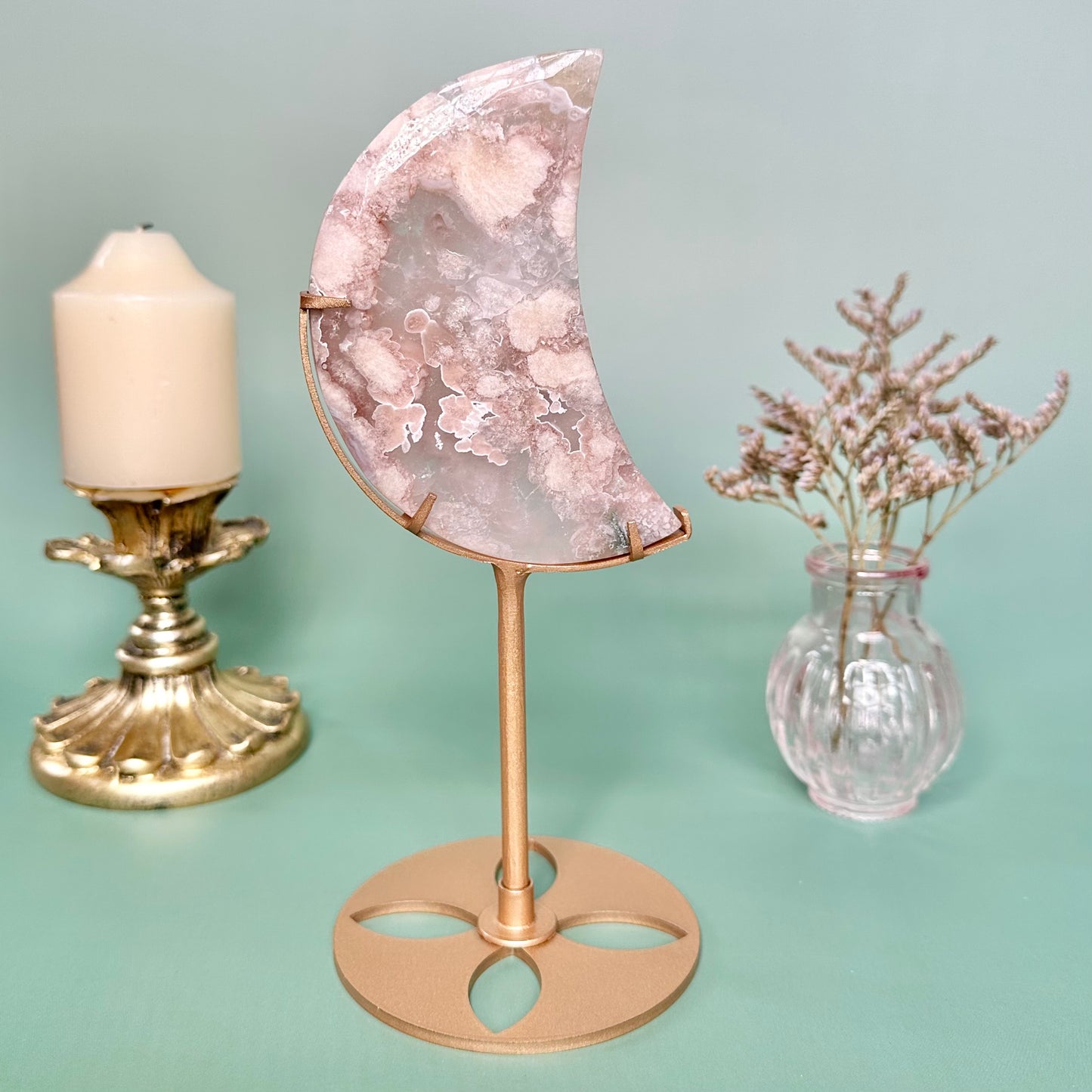 Pink Flower Agate Moon on stand