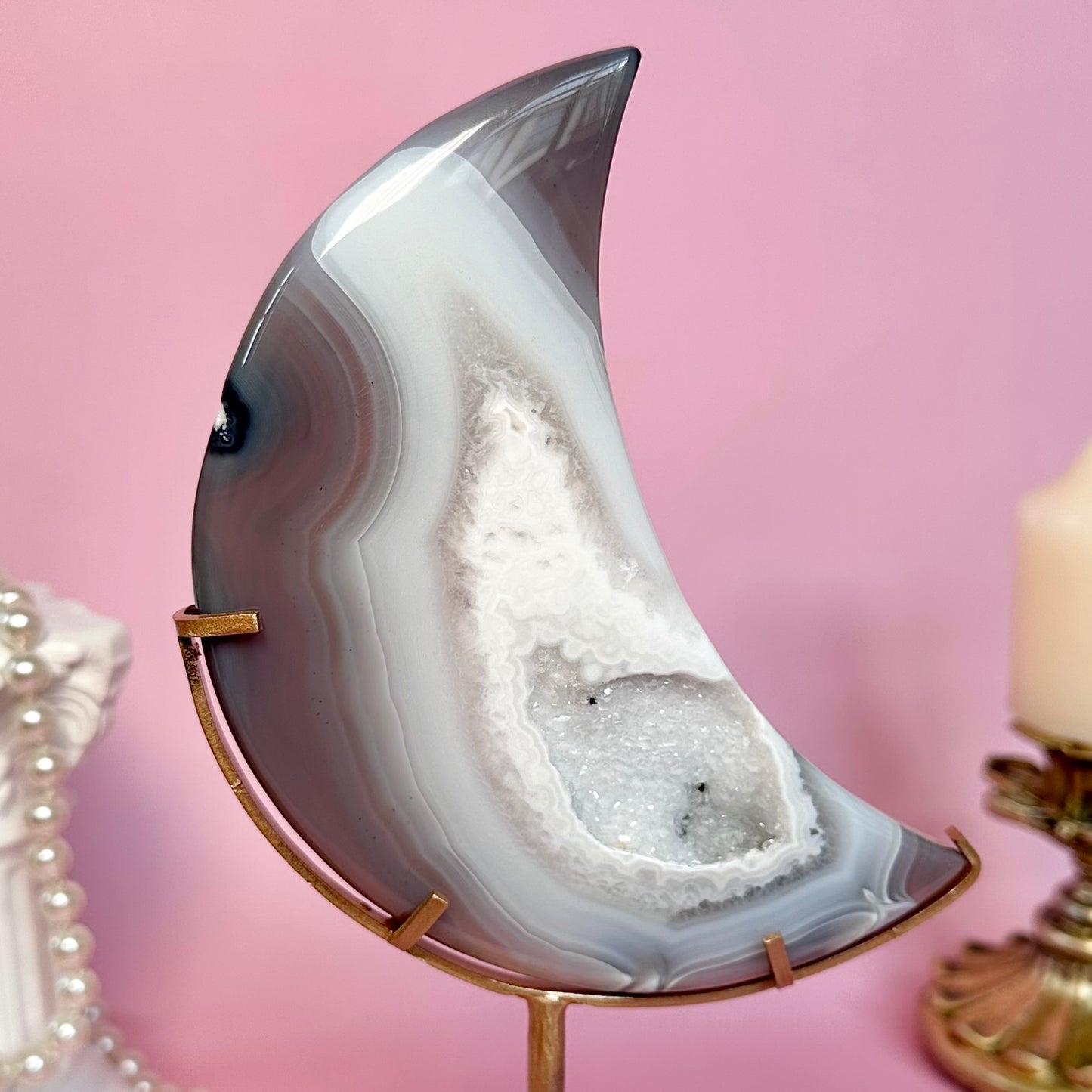 Druzy Agate Moon on Stand