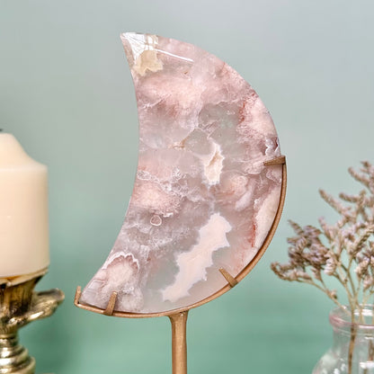 Pink Flower Agate Moon on stand