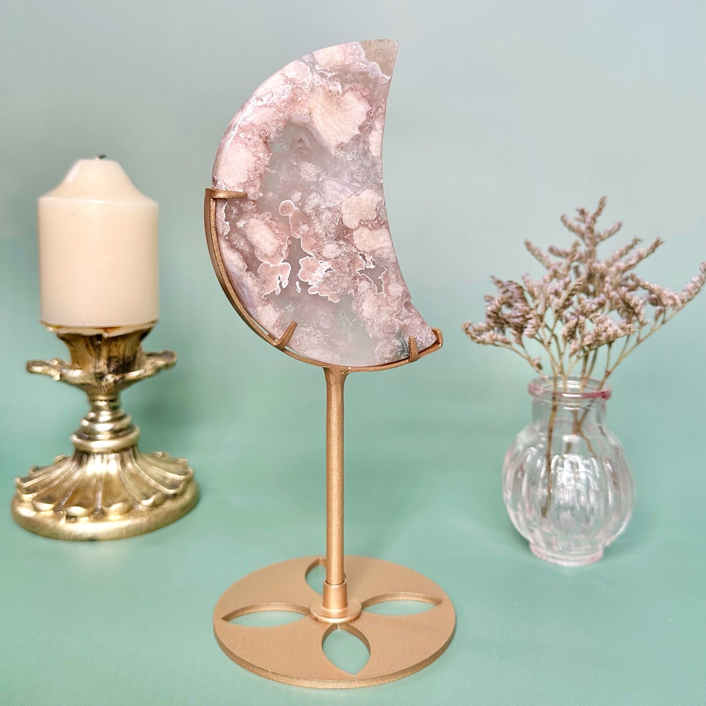 Pink Flower Agate Moon on stand