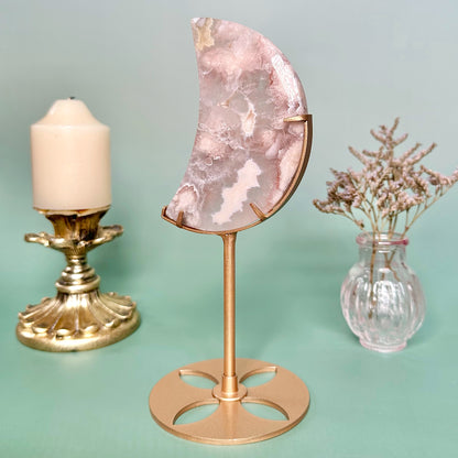 Pink Flower Agate Moon on stand