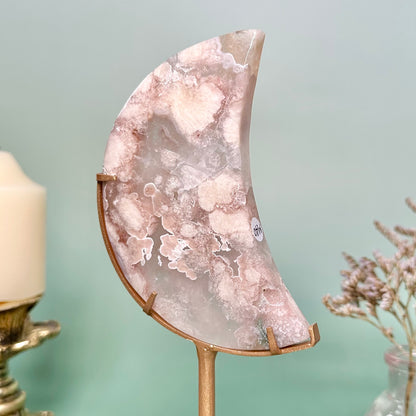 Pink Flower Agate Moon on stand
