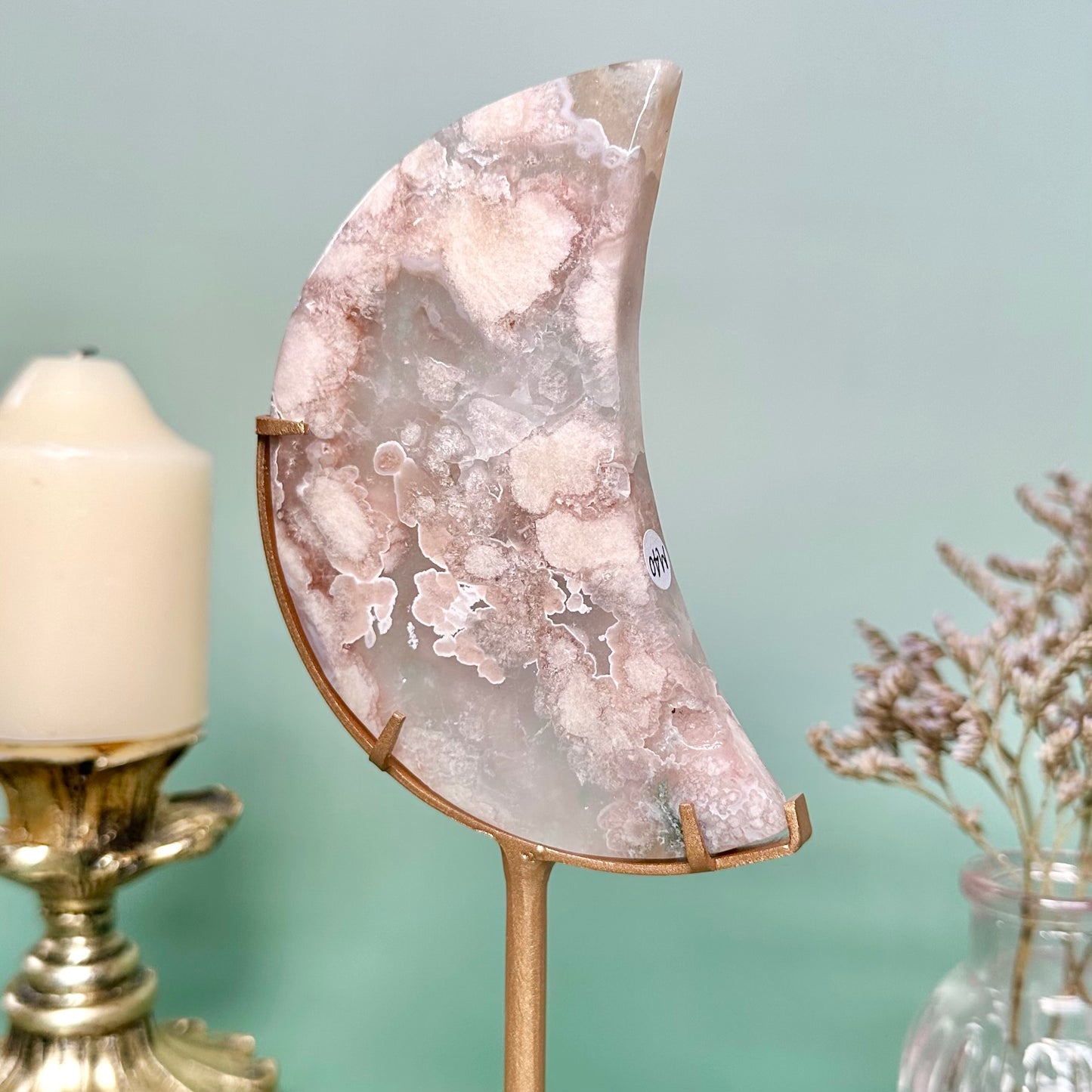 Pink Flower Agate Moon on stand