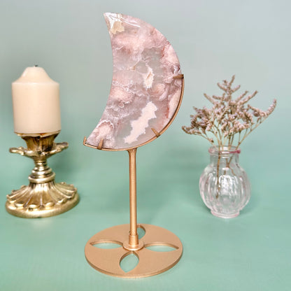 Pink Flower Agate Moon on stand