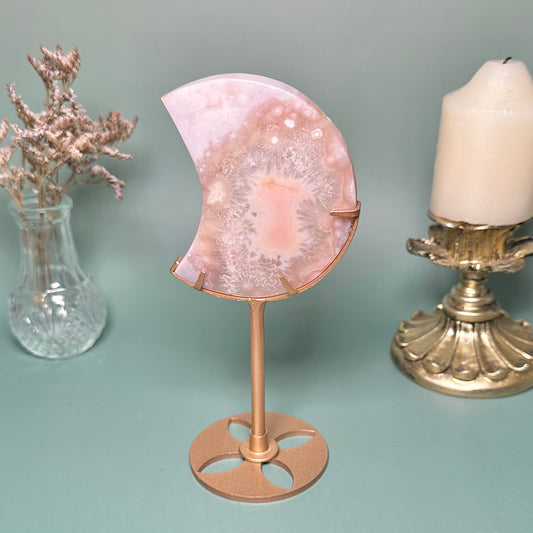 Pink Amethyst Flower Agate Moon on Stand