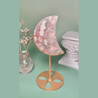 Pink Flower Agate Moon on stand